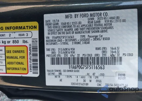 2015 Ford Fusion S z USA, uszkodzony, nr VIN 1FA6P0G75F5116563